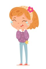 Sad girl crying covering her face with hands. Child wearing dress and bow in hair, isolated person on white background. Vector character illustration of children gestures, emotions, types of moods.