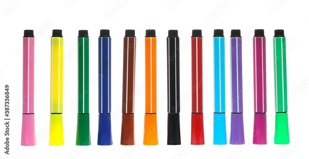 Wall mural colorful felt pen markers row, set isolated on white background