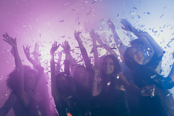 Photo of big company many funky people girls have fun fall sequins neon shiny spotlight modern club...