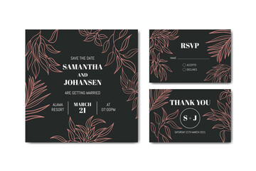 Romantic wedding card set with leaves ornament
