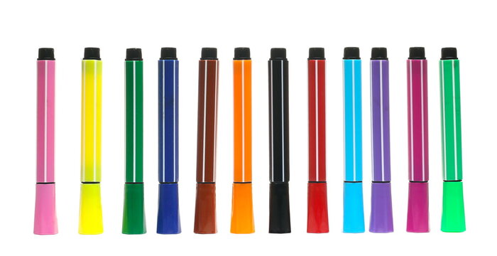Colorful felt pen markers row, set isolated on white background