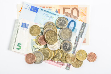 Detail shot of European Union Euro money in a bright setting.