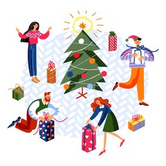 People celebrating Christmas at party. Happy holiday celebration vector illustration. Festive party at home, men and women giving and receiving presents. Xmas night in winter