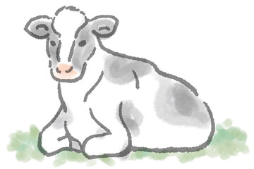 柔らかい水彩タッチの草の上で休む牛のイラスト/白背景