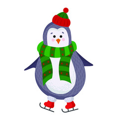 Vector new year and Christmas purple penguin penguin in a knitted hat, green scarf and ice skates isolated on a white background. Penguin in flat style. for Christmas cards and Souvenirs