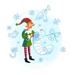 Christmas elf reading long list. Cute xmas character preparing new year presents from paper. Winter holiday vector illustration. Funny little boy in dwarf outfit, december season background