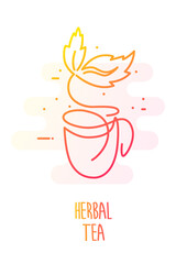 A Cup of herbal tea with steam in the form of a leaves.  Vector gradient icon in color linear style. - 387337842