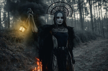 Woman in image of witch stands with glowing lamp against black smoke and fire in forest.