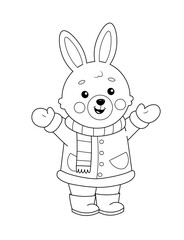 Coloring page of a cute cartoon bunny in winter clothes. Coloring book for kids.