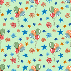 Fototapeta premium Seamless background with colorful balloons. Watercolor Seamless Pattern with Cute Balloons and Stars. Colorful Cartoon Balloons. Holidays