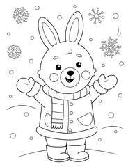 Coloring page of a cute cartoon bunny in winter clothes enjoying the snow. Coloring book for kids.