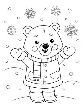 Coloring page of a cute cartoon teddy bear in winter clothes enjoying the snow. Coloring book for kids