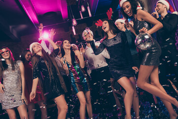 Photo of cheerful people girl hold glowing ball wineglass champagne enjoy discotheque modern club...