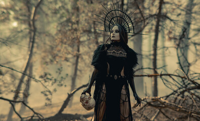 Woman in image of witch walks with human skull through foggy forest.