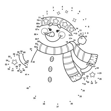 Winter Dot to Dot Christmas snowman for kids. Black and white illustration isolated on white background