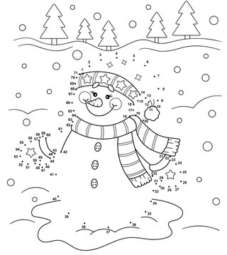 Winter Dot to Dot and color Christmas snowman for kids.  Vector black and white illustration with snow background.