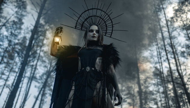 Woman in image of witch stands with glowing lamp against black smoke in forest.