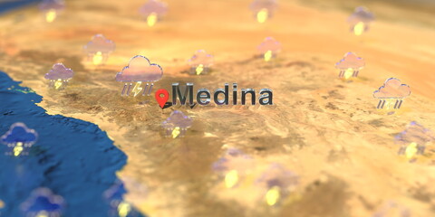 Stormy weather icons near Medina city on the map, weather forecast related 3D rendering