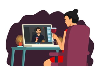 People talking on date at online video call. Communication via computer screen vector illustration. Man and woman on romantic date, drinking wine with candles. Virtual digital meeting