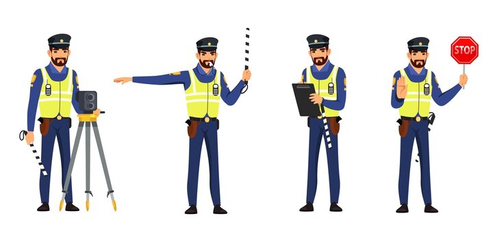 Police officer refulating traffic set. Policeman stopping, standing with camera device, showing stop sign, giving signal to drive. Safe driving vector illustration. Man in uniform on white background