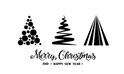 "Merry Christmas & Happy New Year" greeting card. Vector Lettering celebration logo. Typography which is connected with winter holidays. Abstract Christmas tree illustration.