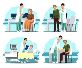 Doctor with old patient in hospital set. Health care vector illustration. Man doing checkup consultation in clinic, woman lying in bed, nurse measuring blood pressure. Visit to physician