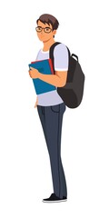 College or university student with book. Young happy man standing with backpack isolated on white background. Higher academic education vector illustration. Smiling guy with positive attitude