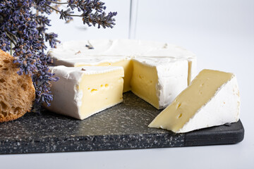 Camembert or brie cheese and Glass of white Wine