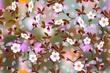 Blossoming branches of a cherry on color abstract background. Sakura petals floral seamless texture, vector