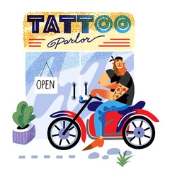 Man on bike at tattoo salon entrance. Happy guy sitting on motorbike outside open door with flower tattoo on arm. Vintage style pattern vector illustration. Retro studio design front view