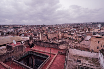 Fototapeta na wymiar View of Fez City from the roof top terrace. Fes el Bali Medina, Morocco, Africa.