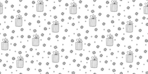 Seamless pattern with striped gift boxes tied with ribbons and snowflakes in doodle sketch style. Hand drawn vector illustration on white. Black outline. Great for fabrics, wrapping papers.