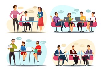 Business meeting brainstorming vector illustrations set. Team of people working at office. Corporate communication. Men and women sitting and standing, negotiating with speech bubbles