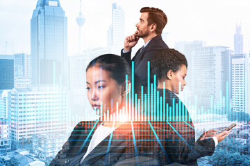 Group of business colleagues in suits as a part of multinational corporate team working on forecasting trading corporate strategy at fund. Forex chart. Kuala Lumpur on background. Double exposure