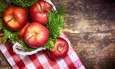 Red apple on the wooden background, Christmas holiday background