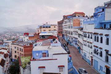 View from the roof top on the streets in the blue city of Chefchaouen, Morocco.