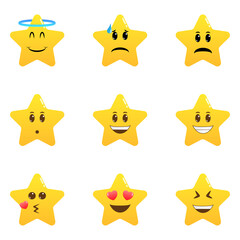 Cute cartoon star emoji set. Star shaped comic emoticons isolated set. Smile faces with various facial expressions. Collection of difference emoticon icon