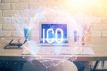 Double exposure of blockchain theme hologram and table with computer background. Concept of bitcoin...