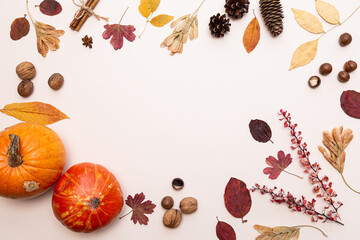 Thanksgiving day or Halloween autumn composition from pumpkins, pine cones, nuts, and colored leaves. Festive decor with copy space