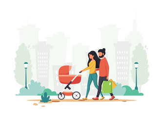 Family with baby carriage walking in the park. Outdoor activity. Vector illustration