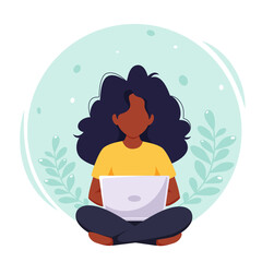 Black woman working on laptop. Freelance, remote working, online studying, work from home concept. Vector illustration in flat style.