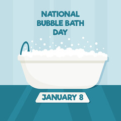 National bubble bath day illustration. Bathroom interior. Bathtub and mat. Vector greeting card