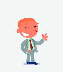 cartoon character of businessman waving informally while laughing.