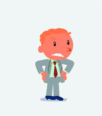 Scared cartoon character of businessman points to the side.