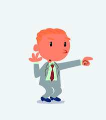 Surprised cartoon character of businessman points to something to his side
