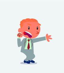 Very angry cartoon character of businessman pointing at something at side.