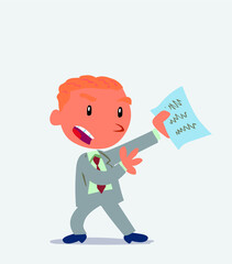 cartoon character of businessman arguing effusively with document in hand.