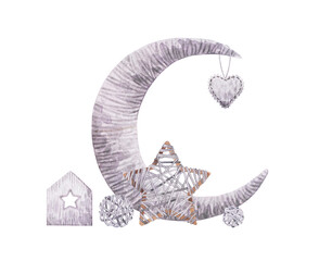 Fototapeta premium Christmas composition with snowflakes and a crescent moon.