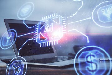 Double exposure of desktop computer and technology theme hologram. Concept of software development.