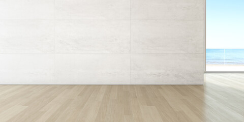 3d render of empty room with wooden floor and large plain concrete wall on sea background.